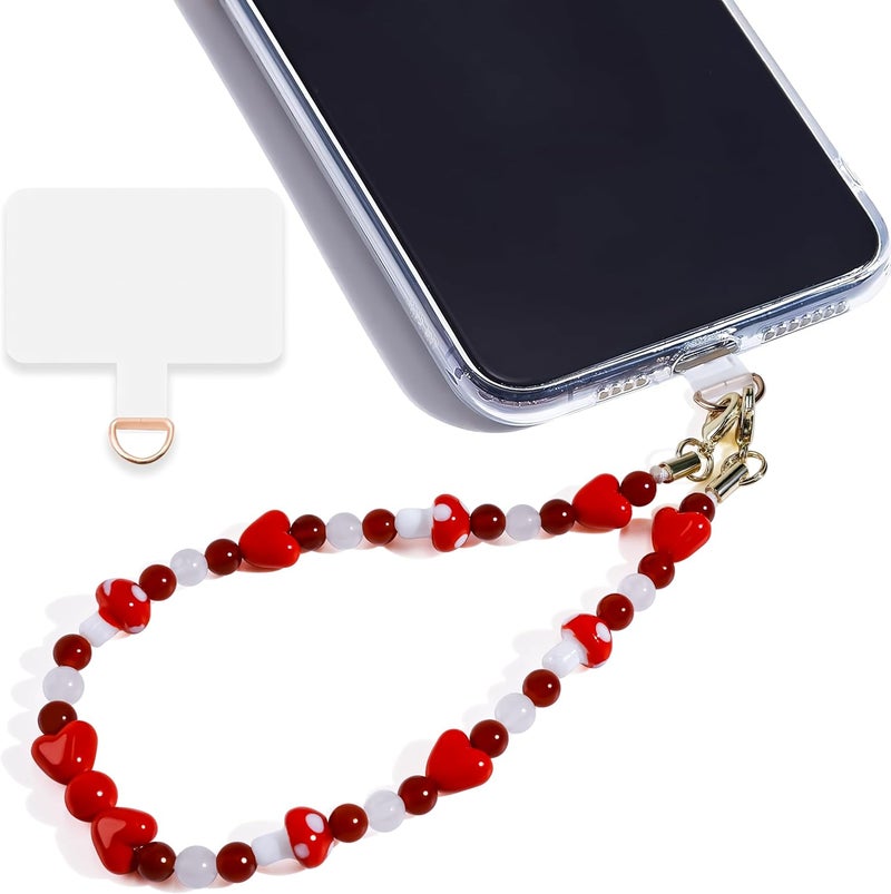 Lostars Store Marble Beaded Phone Wrist Strap,Detachable Phone Bracelet Strap with Tether Tab,Hands-Free Wristlet Strap (Red Mushroom) - Image 1
